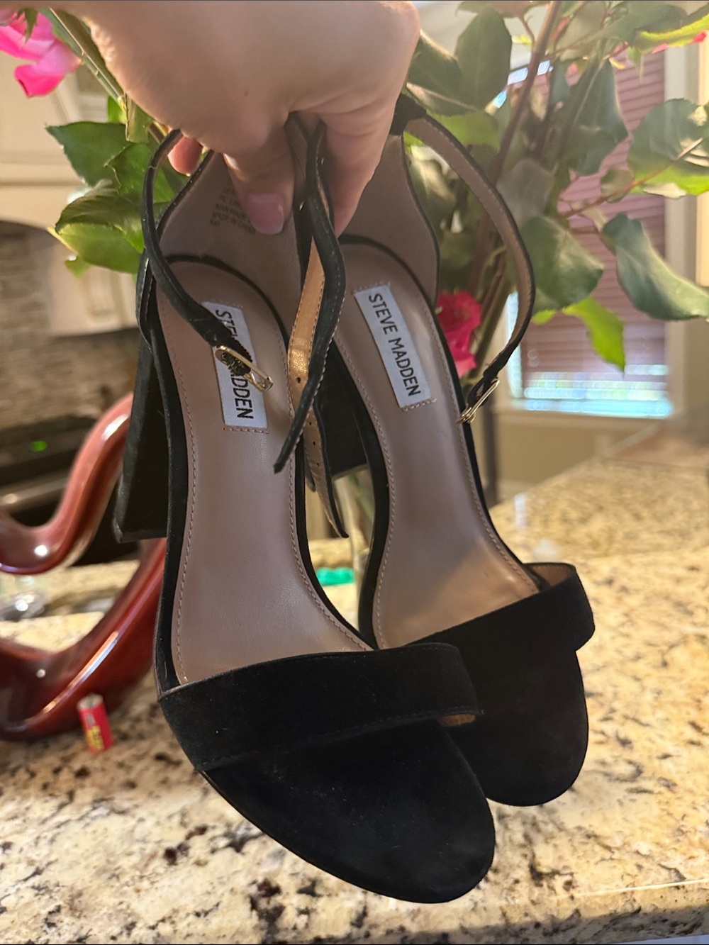 Steve Madden Black Suede Ankle-Strap Block Heels